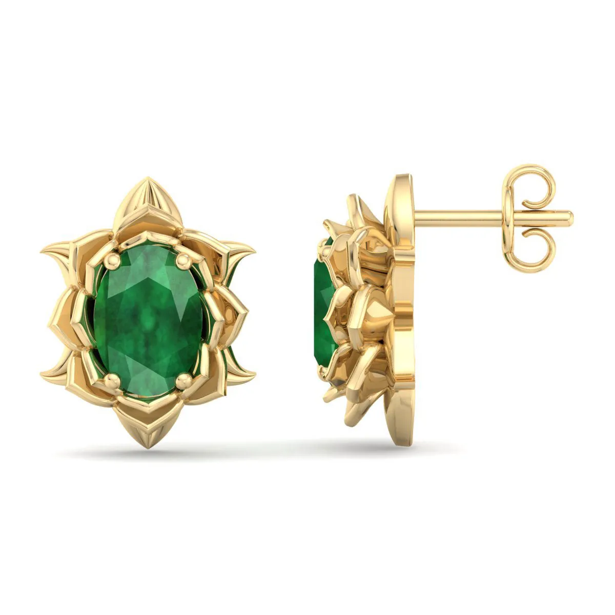 1 1/2 Carat Oval Shape Emerald Ornate Stud Earrings In 14K Yellow Gold