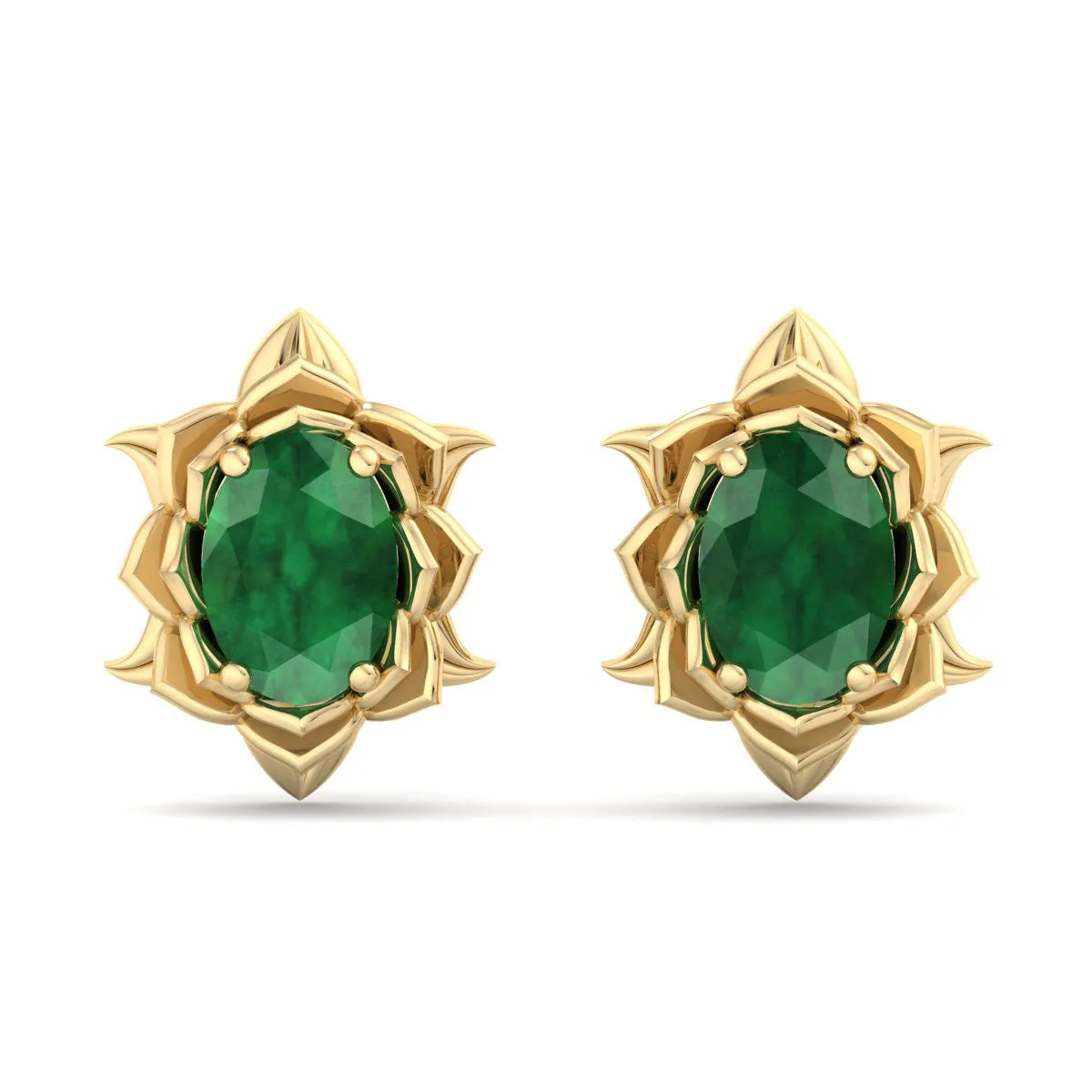 1 1/2 Carat Oval Shape Emerald Ornate Stud Earrings In 14K Yellow Gold