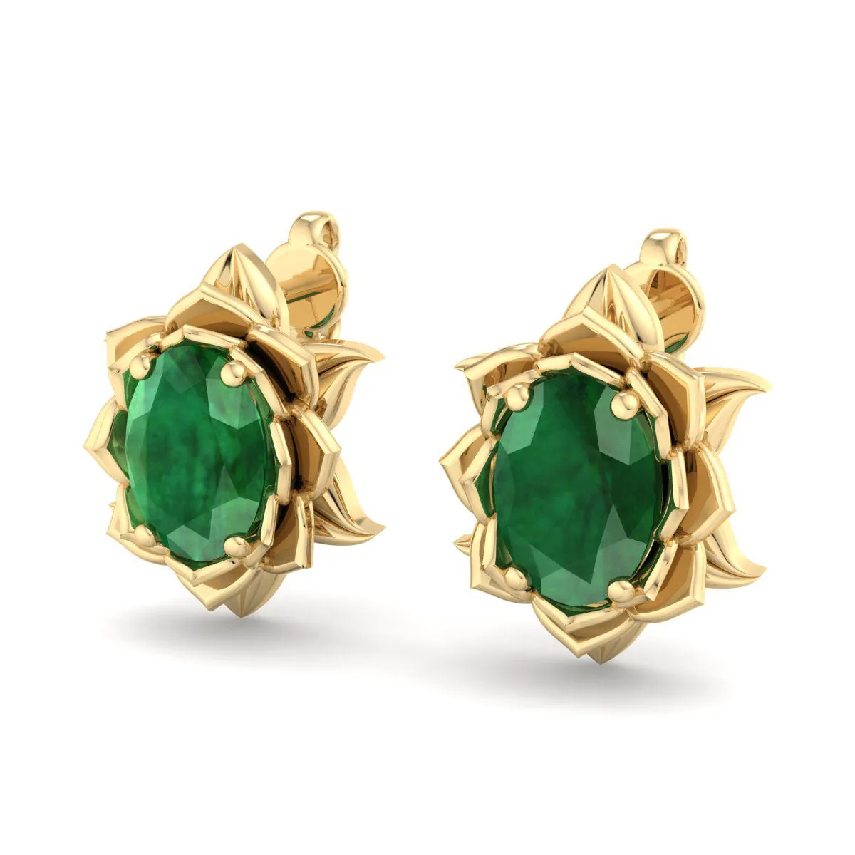 1 1/2 Carat Oval Shape Emerald Ornate Stud Earrings In 14K Yellow Gold