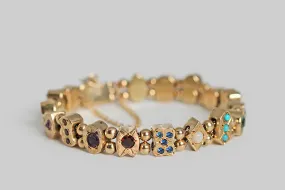 1940s Pips & Shapes Gemstone Slide Charm Bracelet in 14k Gold