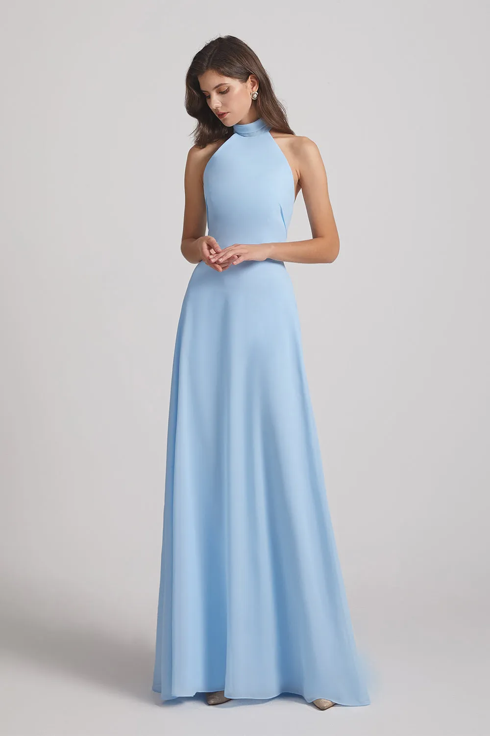 A-Line High Neck Halter Open Back Chiffon Bridesmaid Dresses (AF0095)