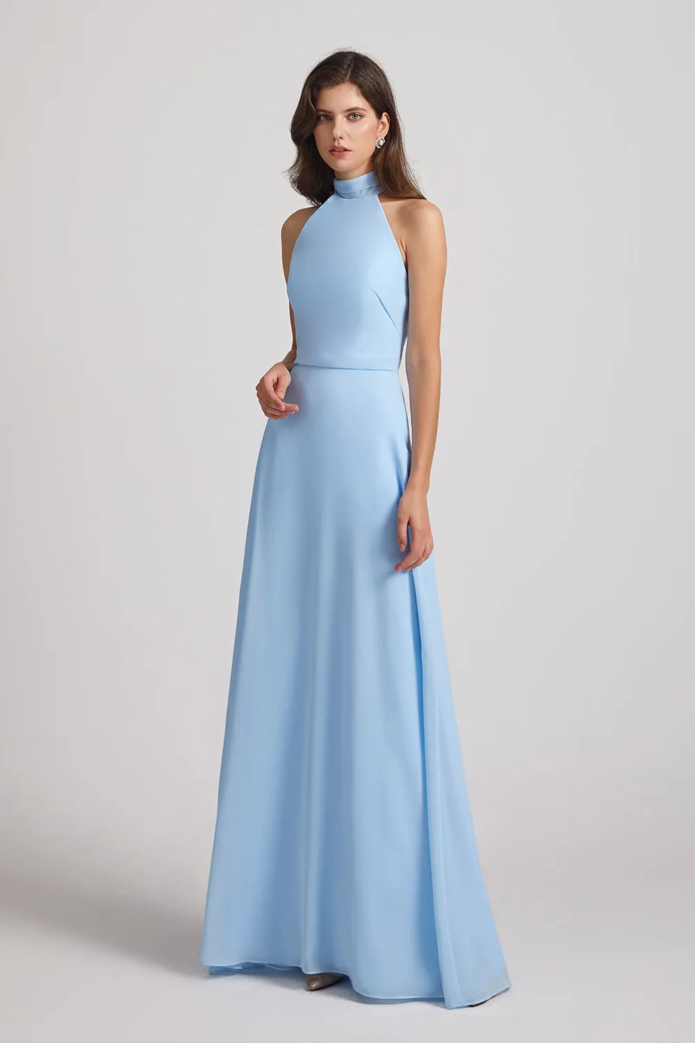 A-Line High Neck Halter Open Back Chiffon Bridesmaid Dresses (AF0095)