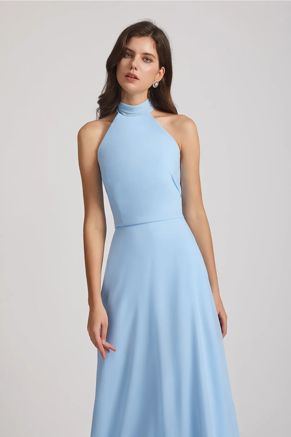 A-Line High Neck Halter Open Back Chiffon Bridesmaid Dresses (AF0095)