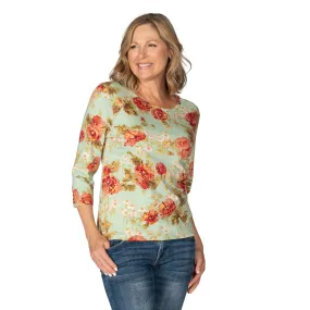 Aqua Floral Sequin 100% Cotton 3/4 Sleeve T-Shirt