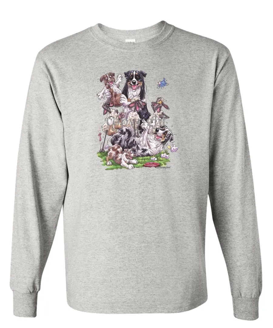 Australian Shepherd - Group Sheep And Puppies - Caricature - Long Sleeve T-Shirt