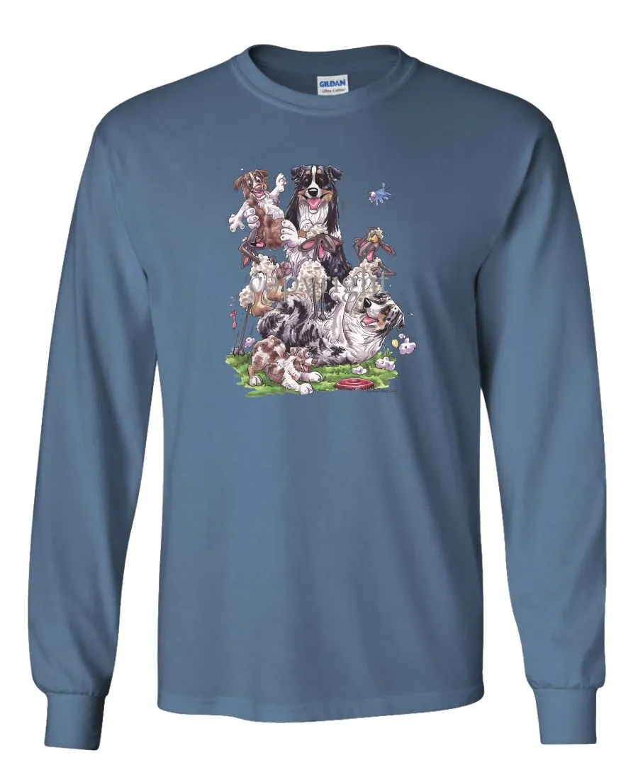 Australian Shepherd - Group Sheep And Puppies - Caricature - Long Sleeve T-Shirt