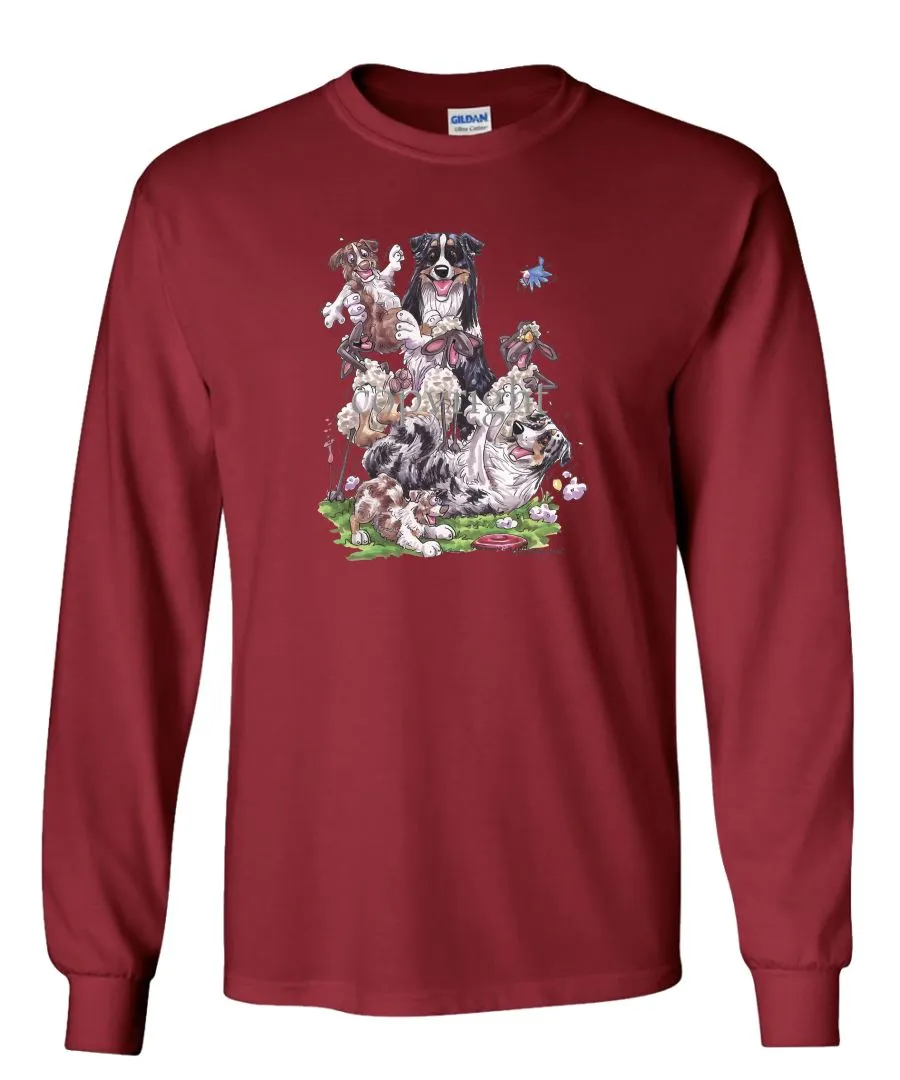 Australian Shepherd - Group Sheep And Puppies - Caricature - Long Sleeve T-Shirt