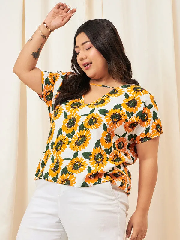 Berrylush Curve Women Yellow & White Floral Printed V-Neck Short Sleeves Viscose Rayon Regular Top