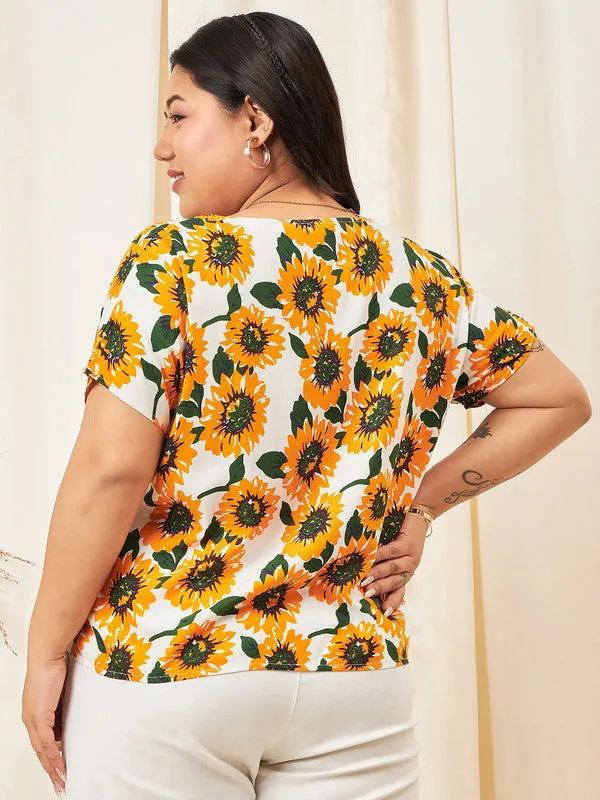 Berrylush Curve Women Yellow & White Floral Printed V-Neck Short Sleeves Viscose Rayon Regular Top