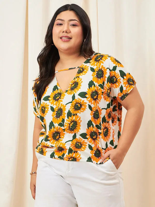 Berrylush Curve Women Yellow & White Floral Printed V-Neck Short Sleeves Viscose Rayon Regular Top