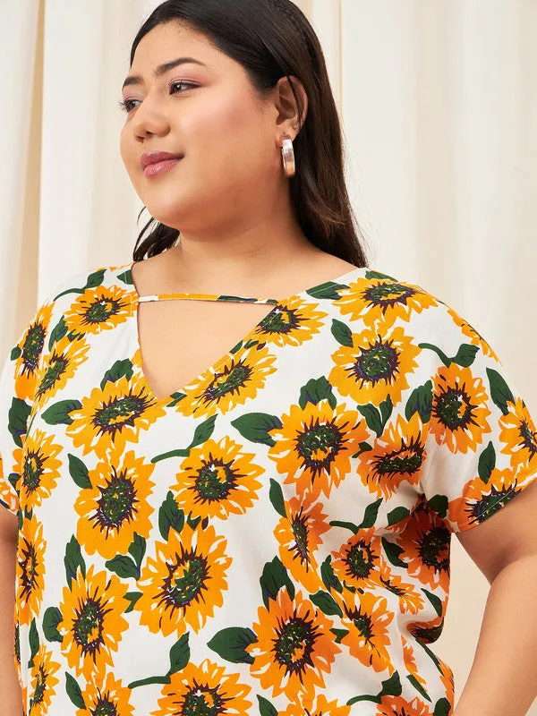 Berrylush Curve Women Yellow & White Floral Printed V-Neck Short Sleeves Viscose Rayon Regular Top