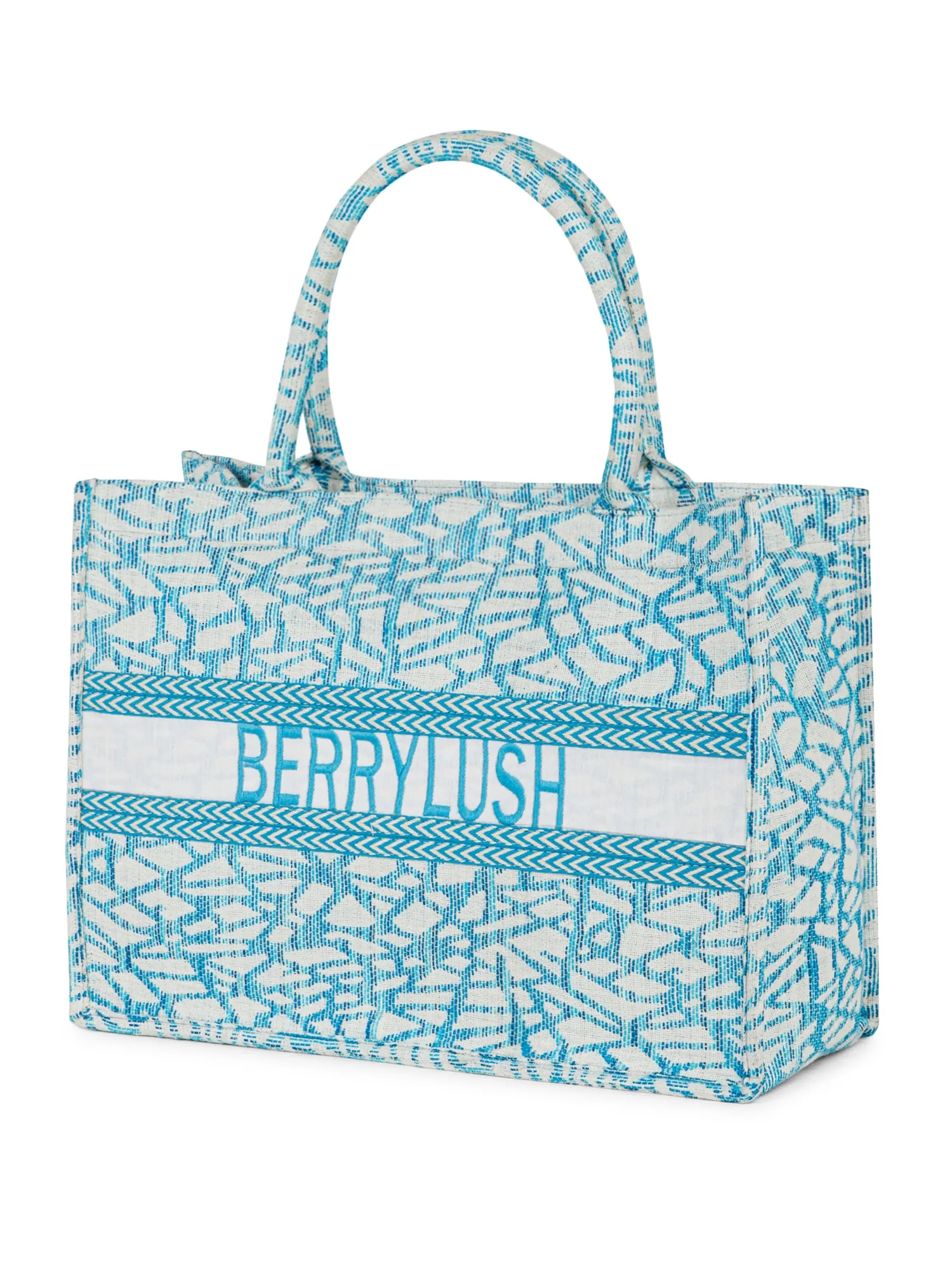 Berrylush Women Blue Self Design-Embroidered Tote Bag