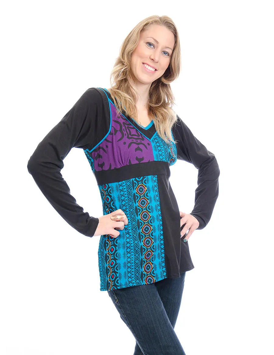 Black & Purple Abstract V-Neck Full Sleeve Cotton Top