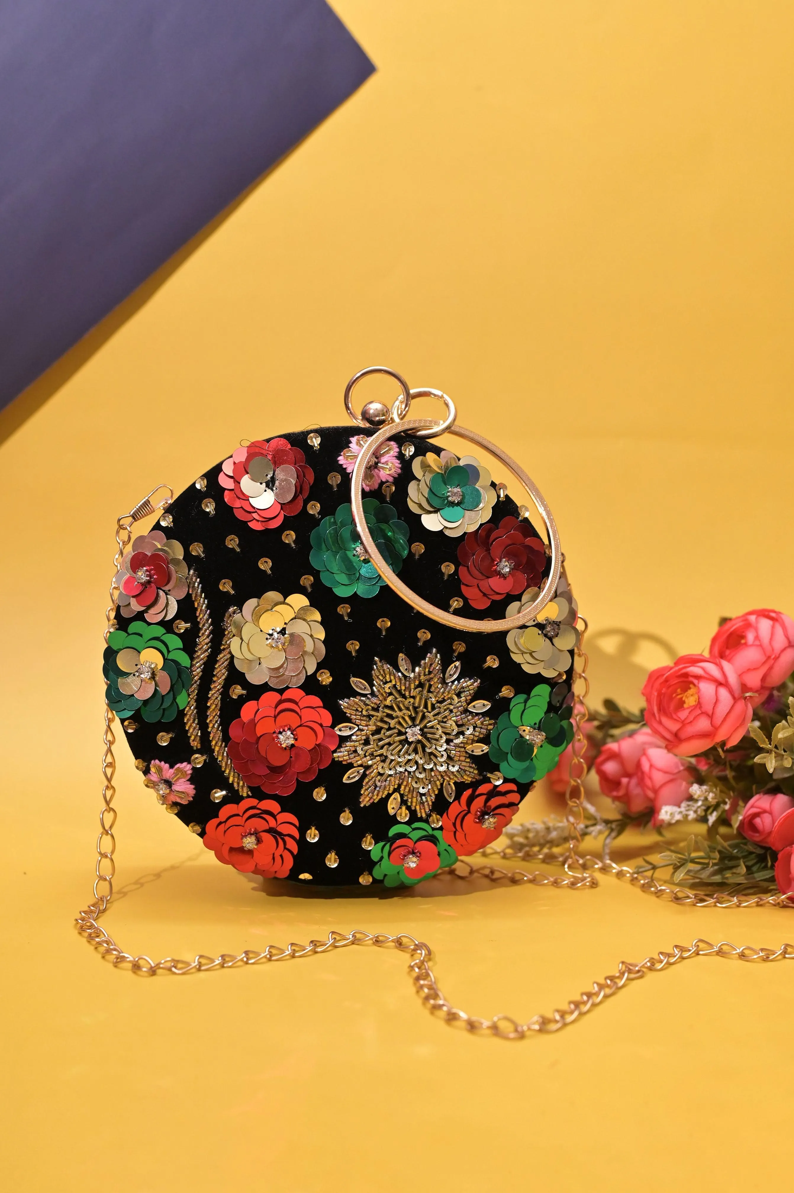 Black Color Designer Round Clutch with Zari Embroidery Work and Metal Handle