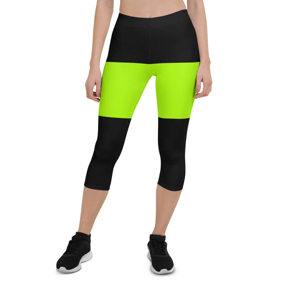 Black Green Striped Capri Leggings, Neon Green Casual Capris Tights For Women-Made in USA/EU