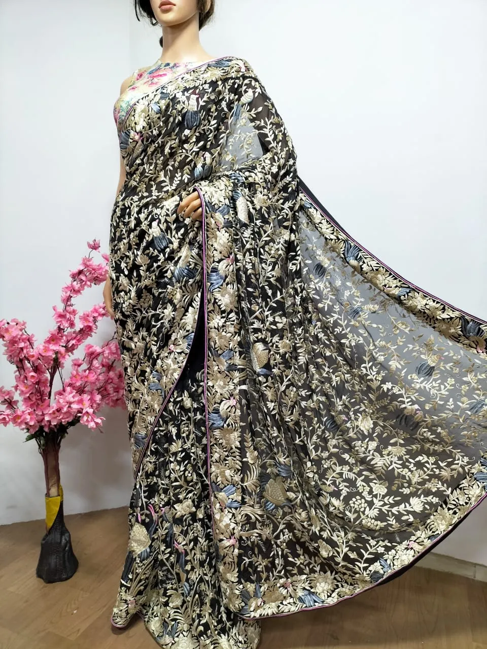 Black Hand Embroidered Parsi Gara Georgette Floral And Bird Design Saree