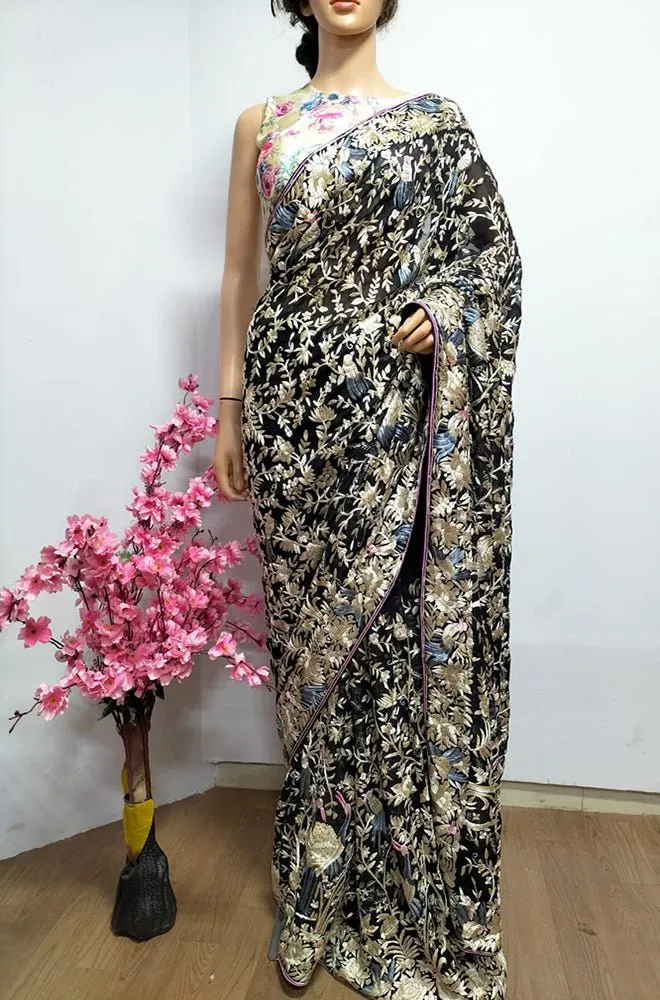 Black Hand Embroidered Parsi Gara Georgette Floral And Bird Design Saree