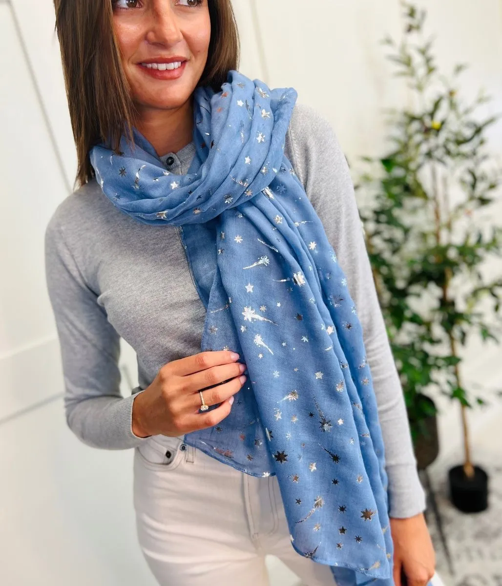 Blue Foil Shooting Stars Print Scarf