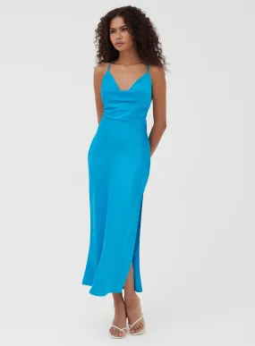 Blue Satin Cowl Neck Midi Dress - Madelyn