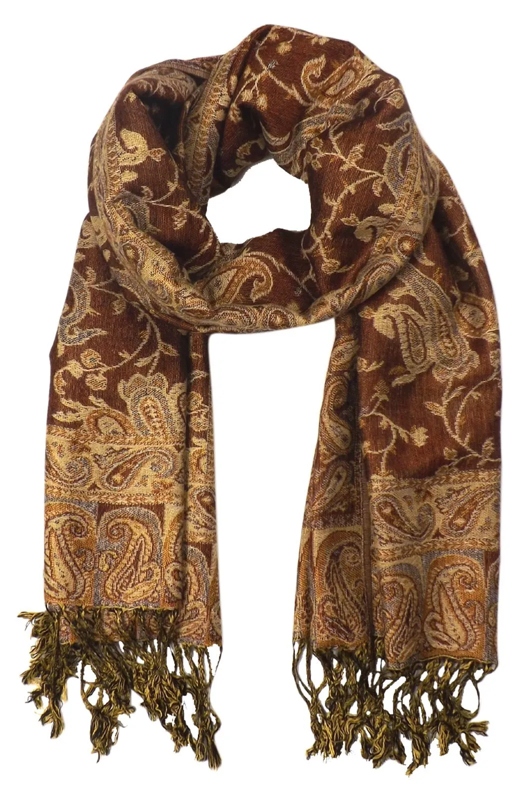 Brown Peach Couture Elegant Reversible Paisley Pashmina Shawl Wrap