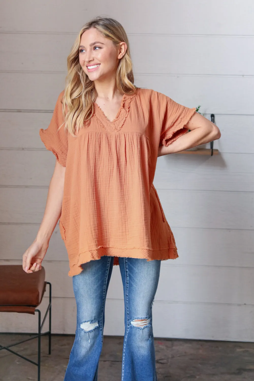 Butter Orange Cotton Banded V Neck Frayed Pocketed Top