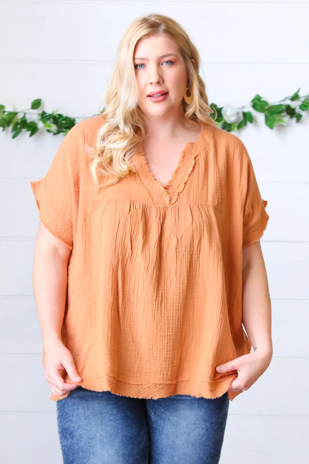 Butter Orange Cotton Banded V Neck Frayed Pocketed Top