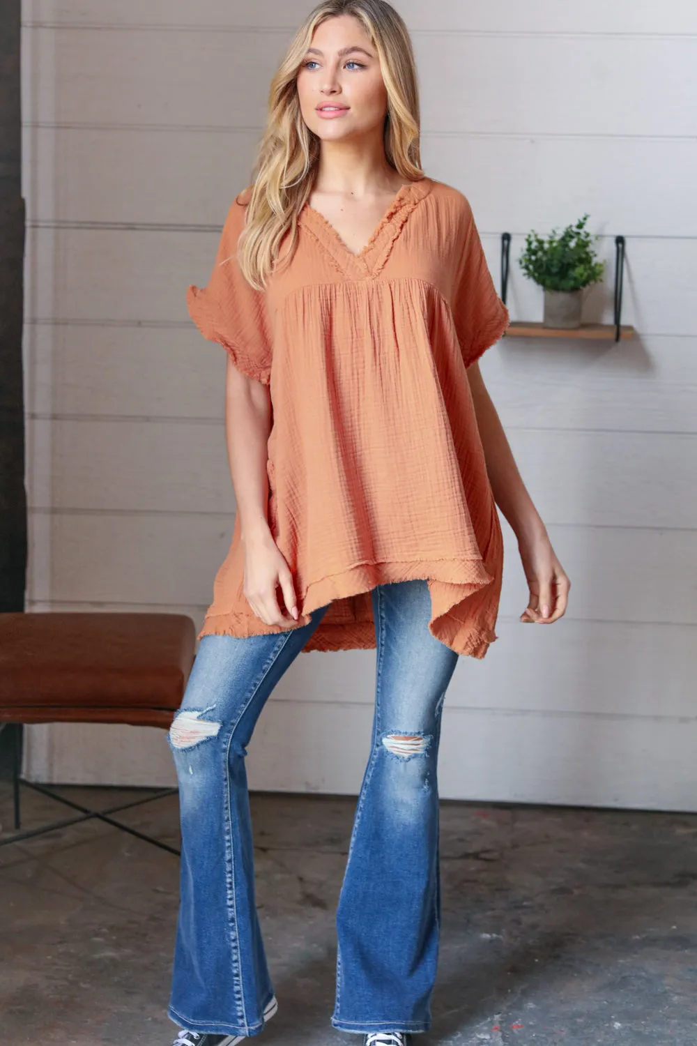 Butter Orange Cotton Banded V Neck Frayed Pocketed Top