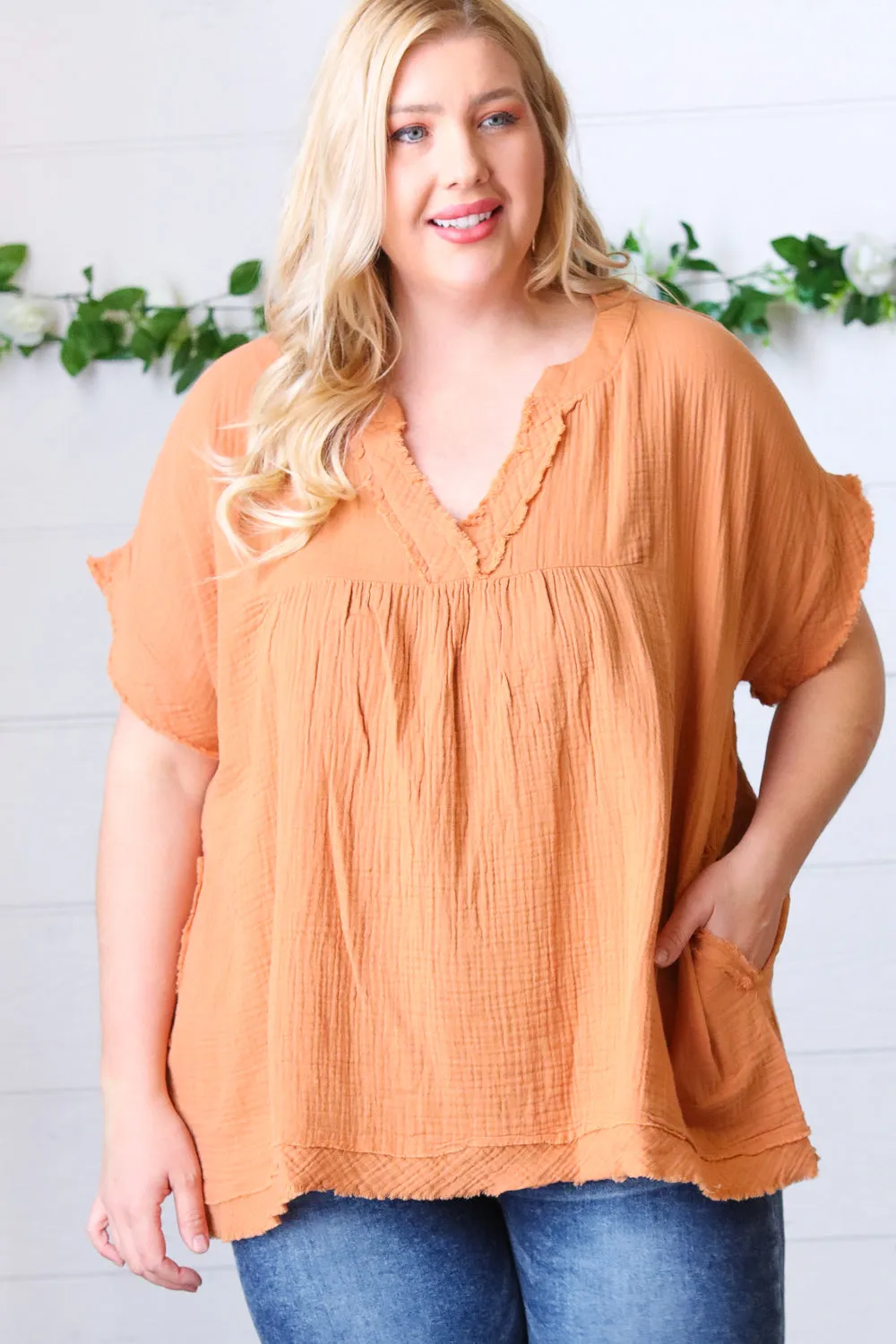 Butter Orange Cotton Banded V Neck Frayed Pocketed Top