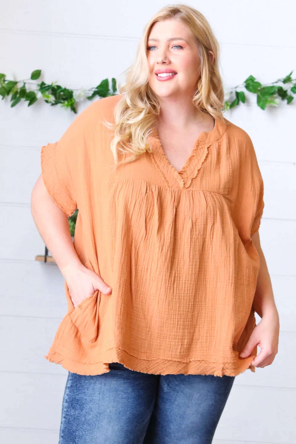 Butter Orange Cotton Banded V Neck Frayed Pocketed Top