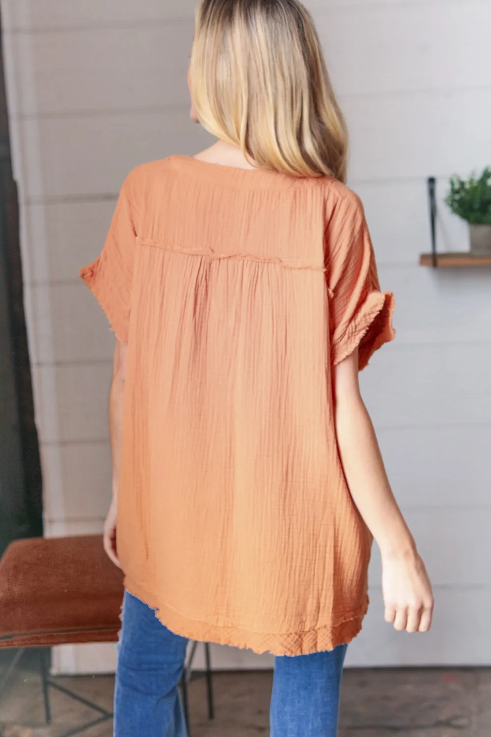 Butter Orange Cotton Banded V Neck Frayed Pocketed Top