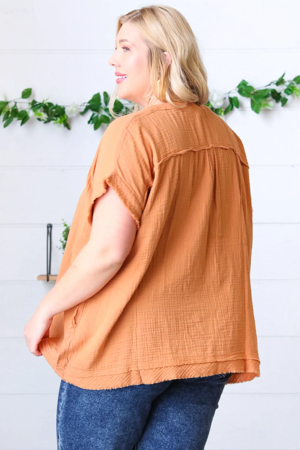 Butter Orange Cotton Banded V Neck Frayed Pocketed Top