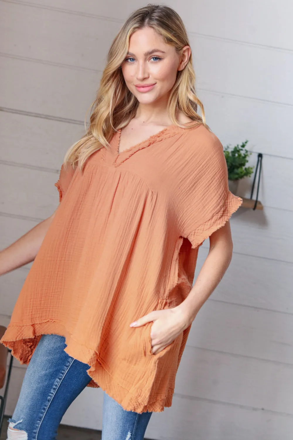 Butter Orange Cotton Banded V Neck Frayed Pocketed Top