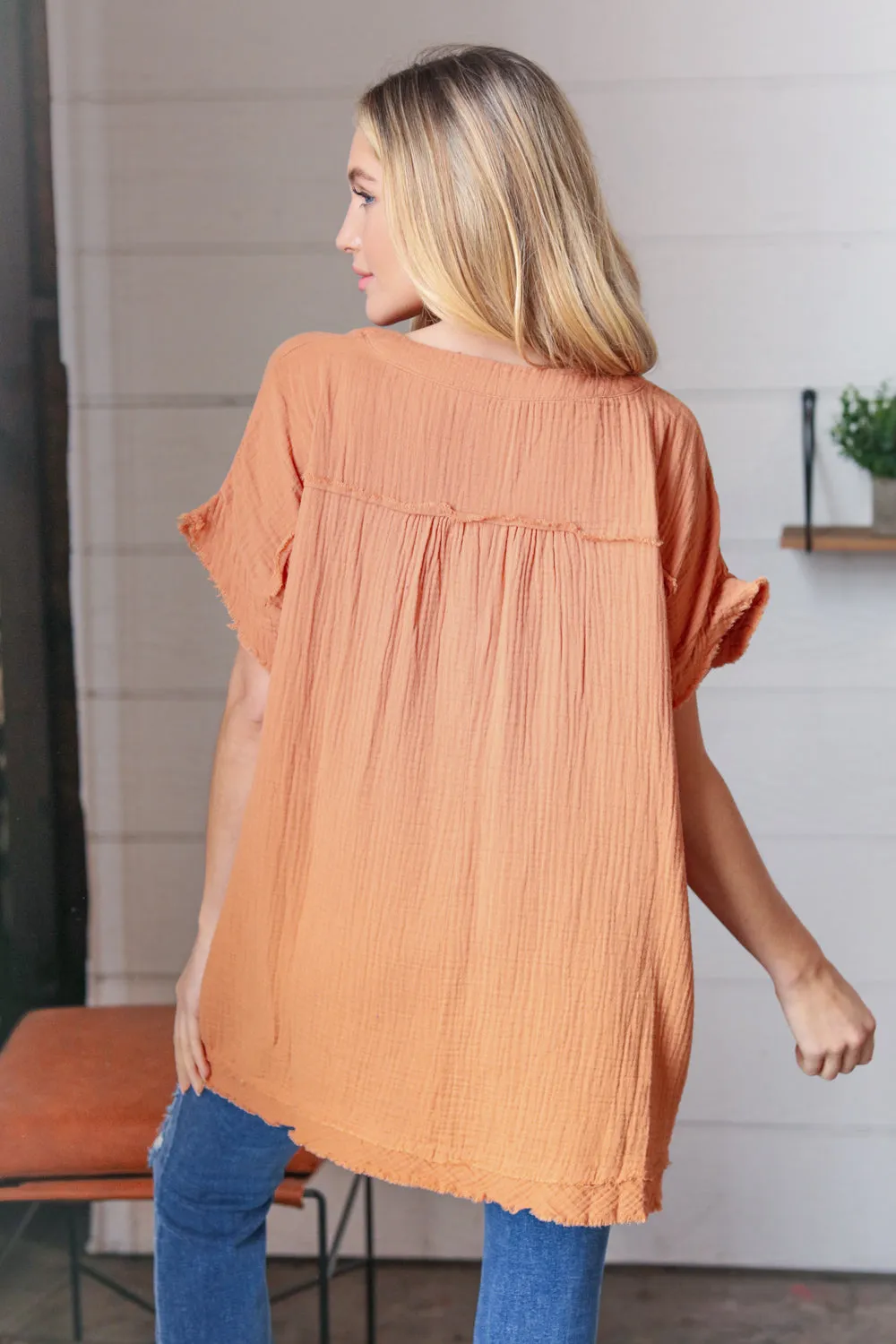 Butter Orange Cotton Banded V Neck Frayed Pocketed Top