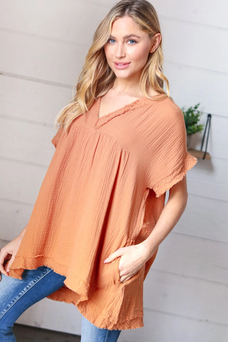 Butter Orange Cotton Banded V Neck Frayed Pocketed Top