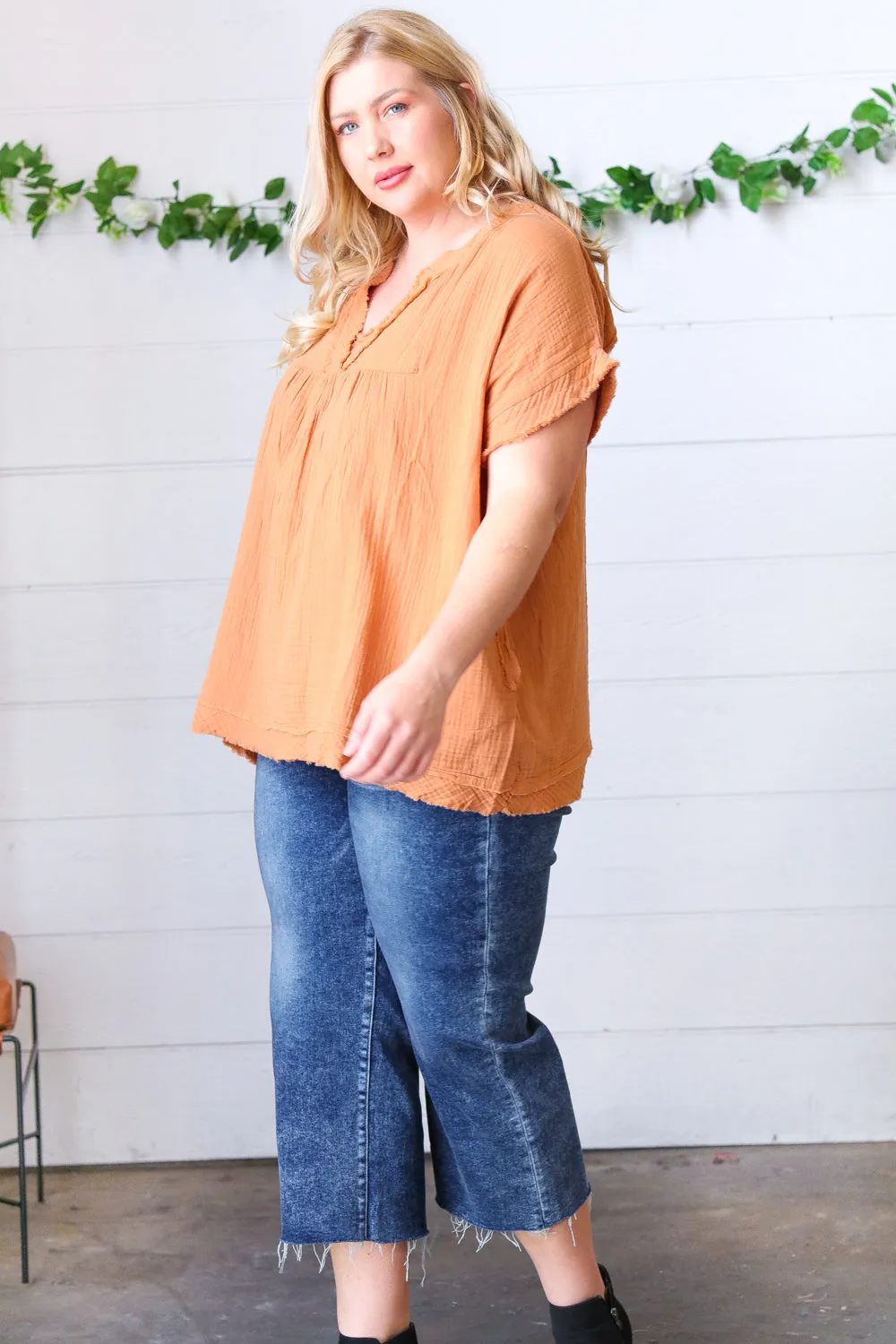 Butter Orange Cotton Banded V Neck Frayed Pocketed Top