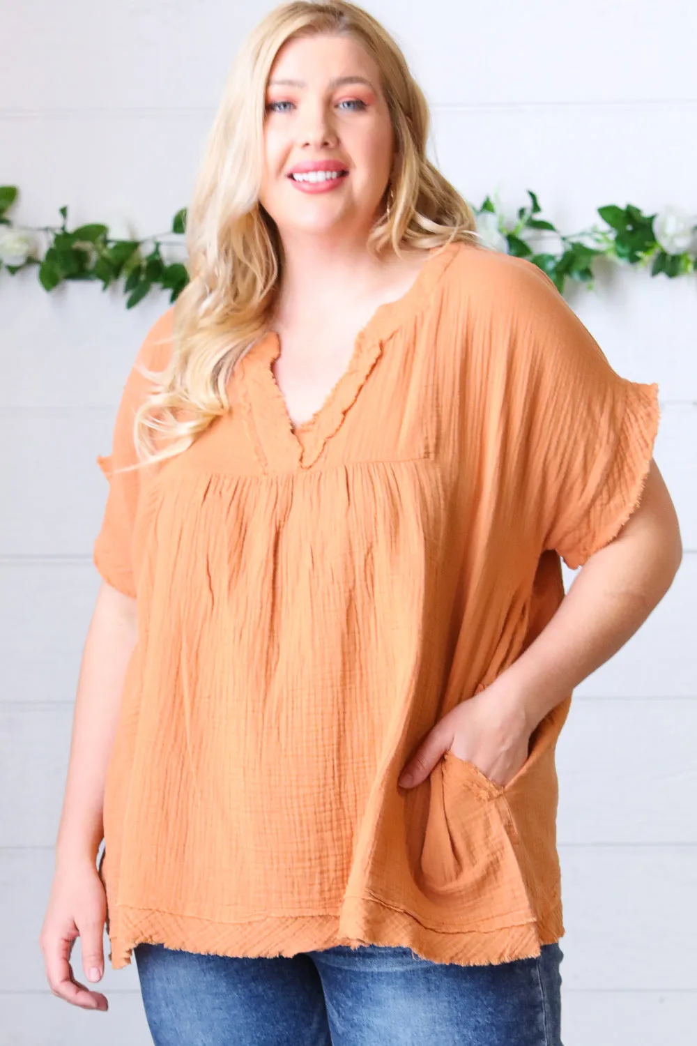 Butter Orange Cotton Banded V Neck Frayed Pocketed Top