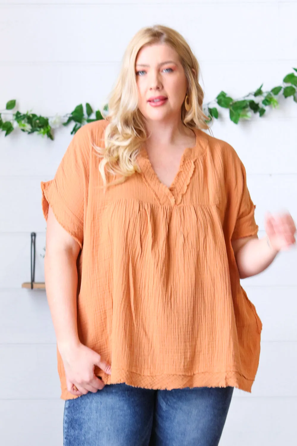 Butter Orange Cotton Banded V Neck Frayed Pocketed Top