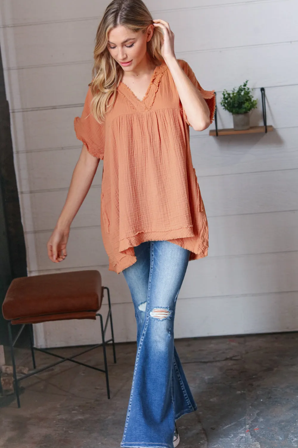 Butter Orange Cotton Banded V Neck Frayed Pocketed Top