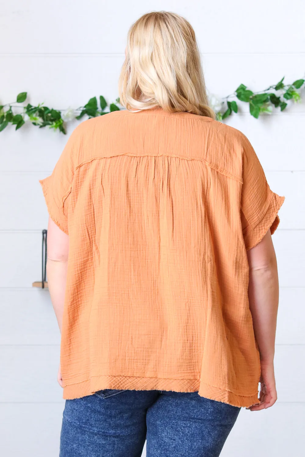 Butter Orange Cotton Banded V Neck Frayed Pocketed Top