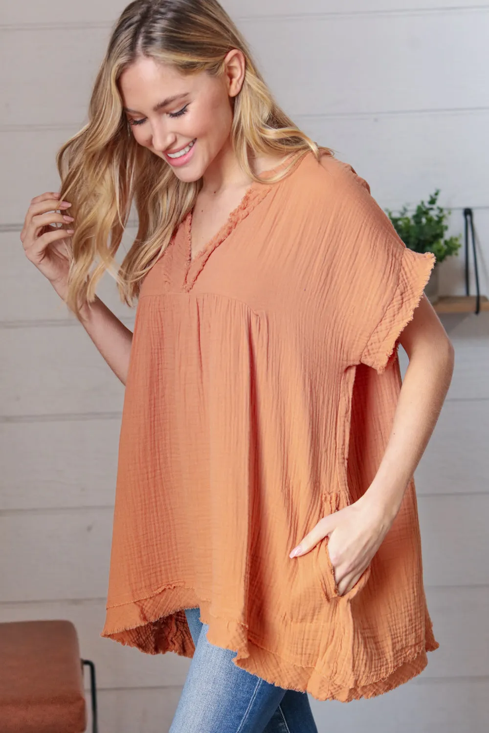 Butter Orange Cotton Banded V Neck Frayed Pocketed Top