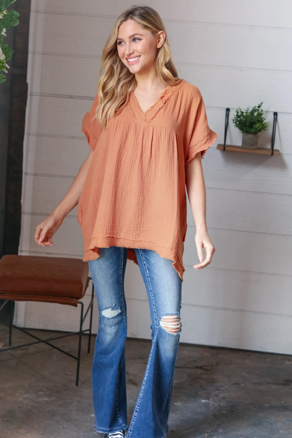 Butter Orange Cotton Banded V Neck Frayed Pocketed Top