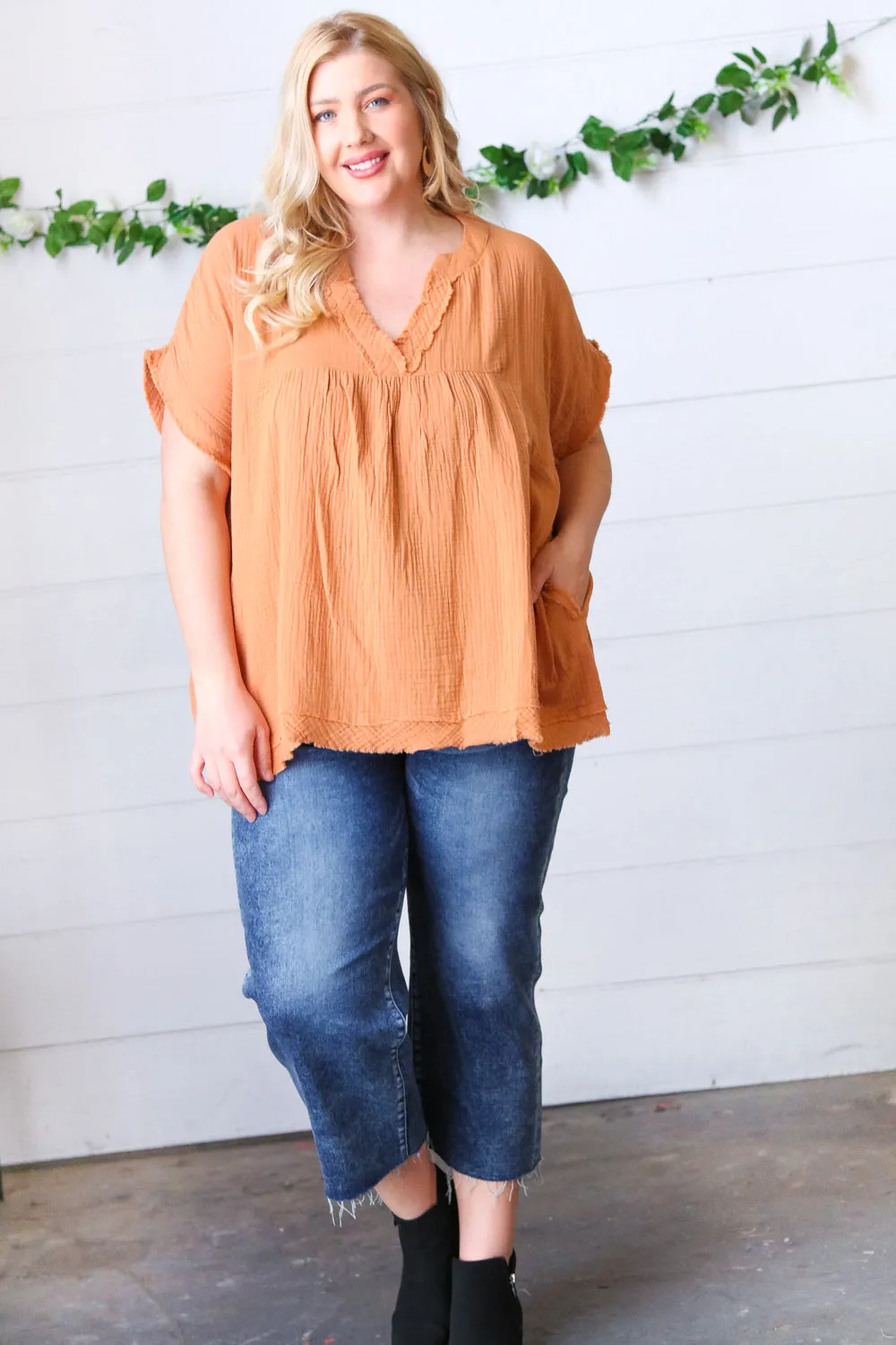 Butter Orange Cotton Banded V Neck Frayed Pocketed Top