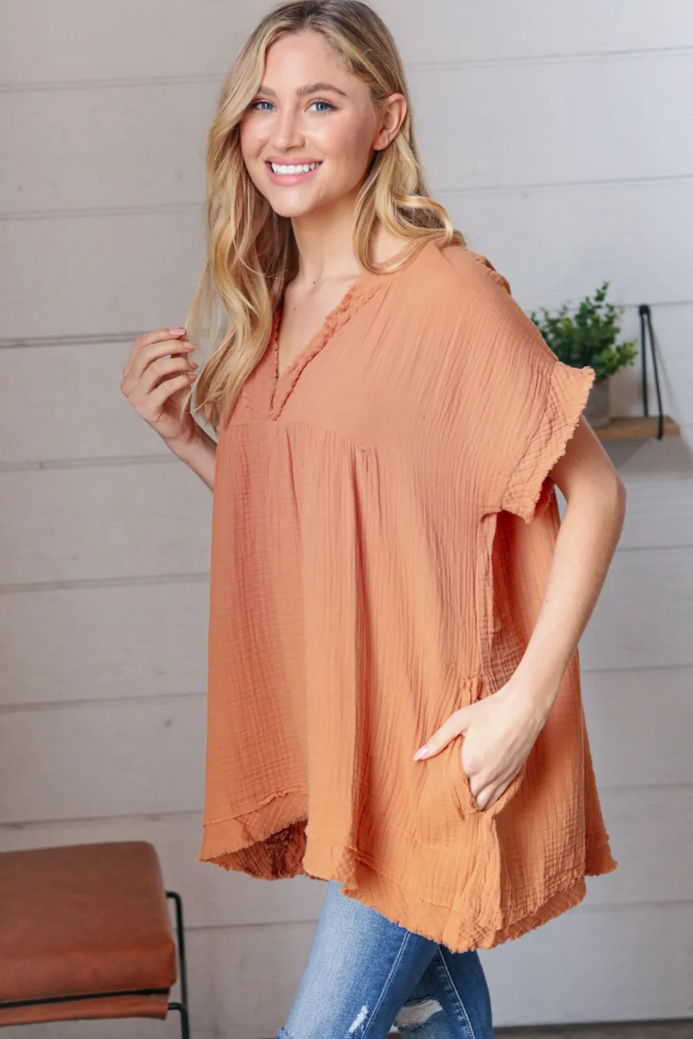 Butter Orange Cotton Banded V Neck Frayed Pocketed Top