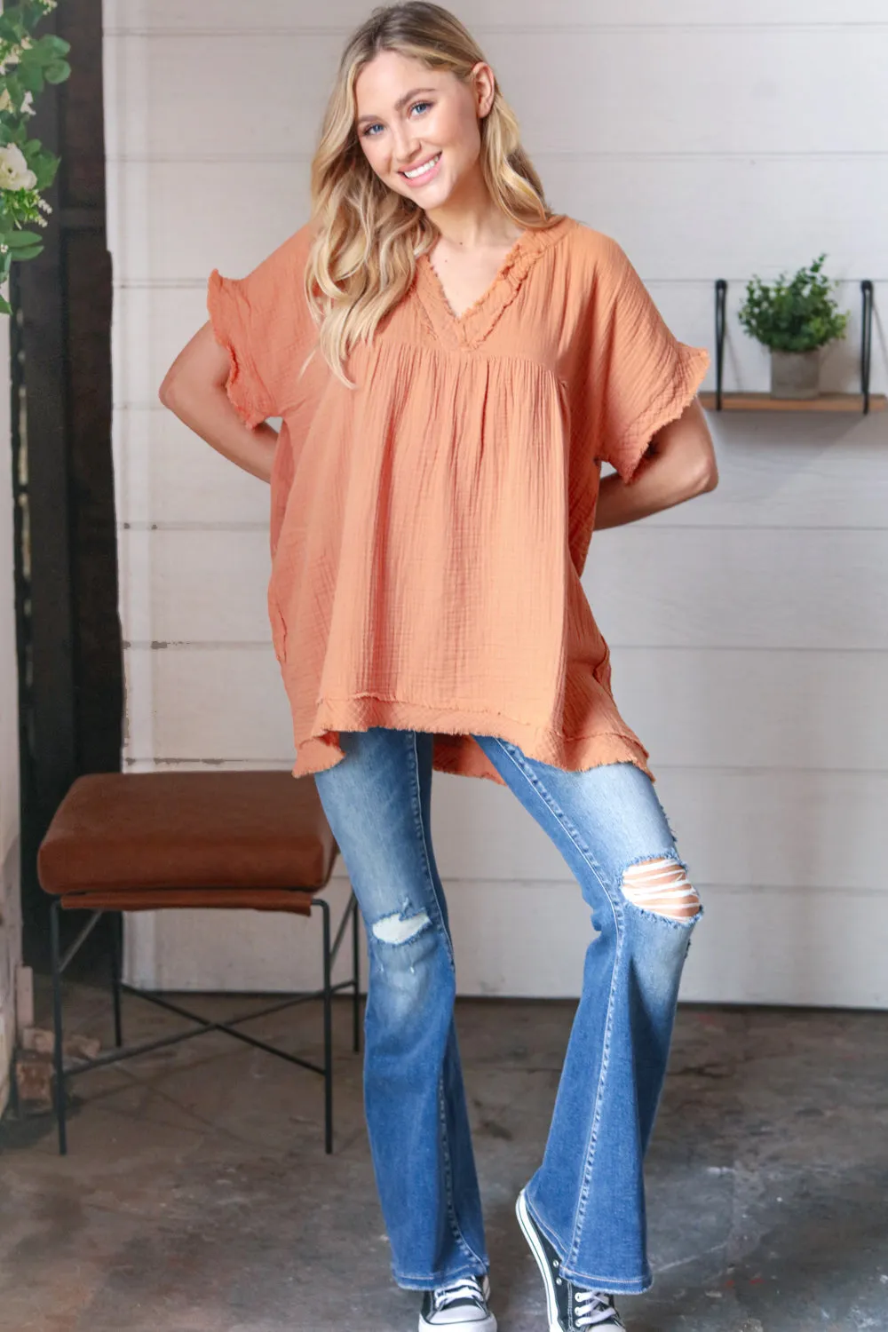 Butter Orange Cotton Banded V Neck Frayed Pocketed Top