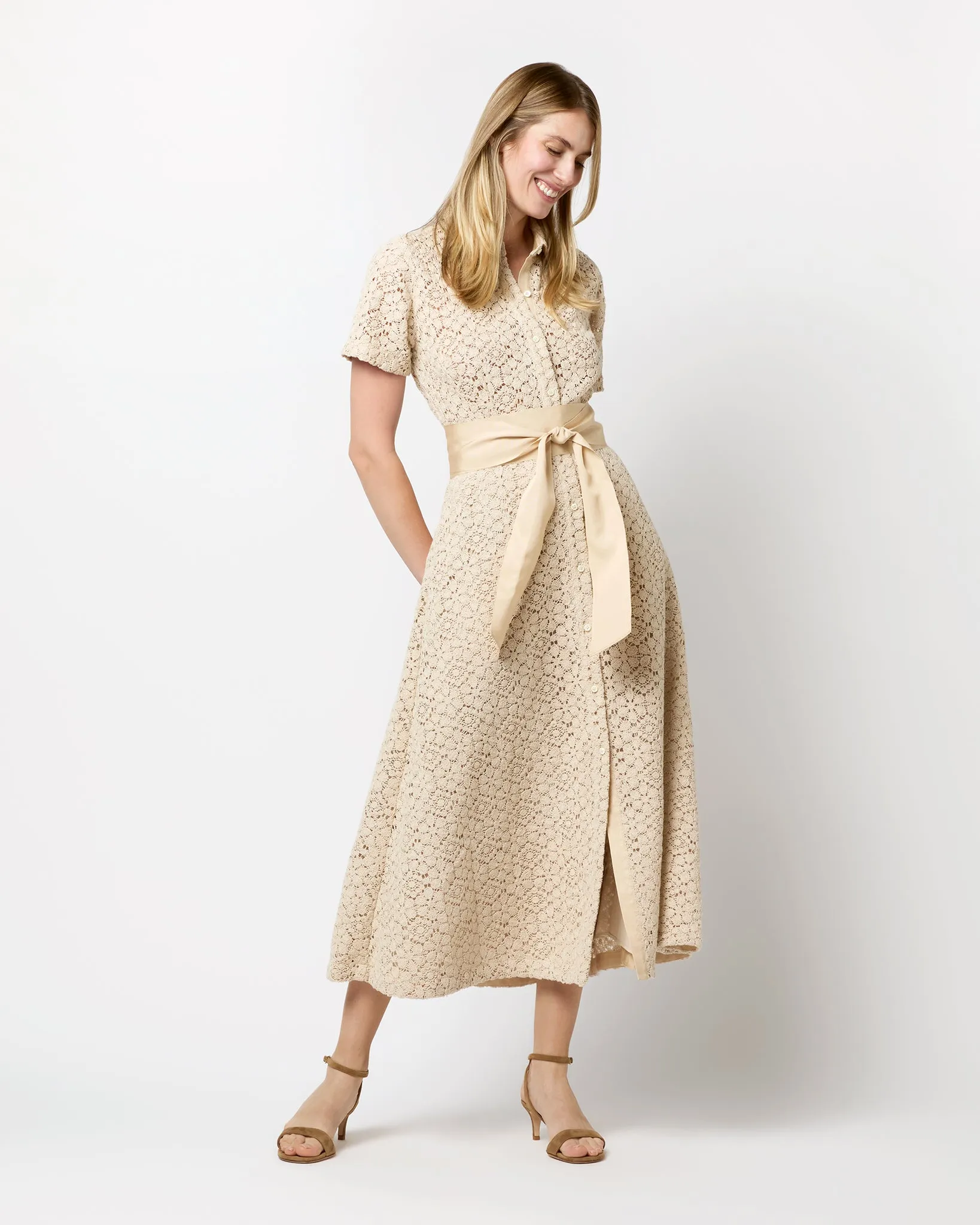 Carly Shirtwaist Dress in Natural Floral Crochet