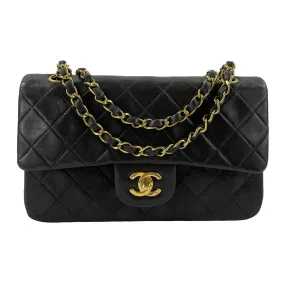 CHANEL - Small Double Flap Black Leather Classic Crossbody Shoulder Bag Gold CC