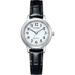 CITIZEN ECO-DRIVE ANALOG BLACK LEATHER STRAP WHITE DIAL LADIES WATCH EM0930-15A