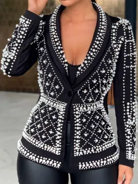 Classy Brand Full Embellishments Beaded One Button Black Blazer