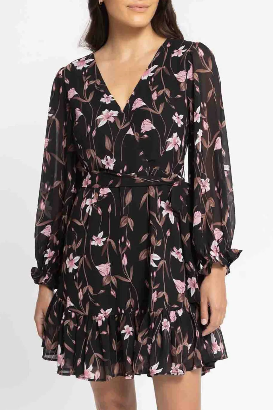 Cleo Black Floral LS Frill Mini Dress