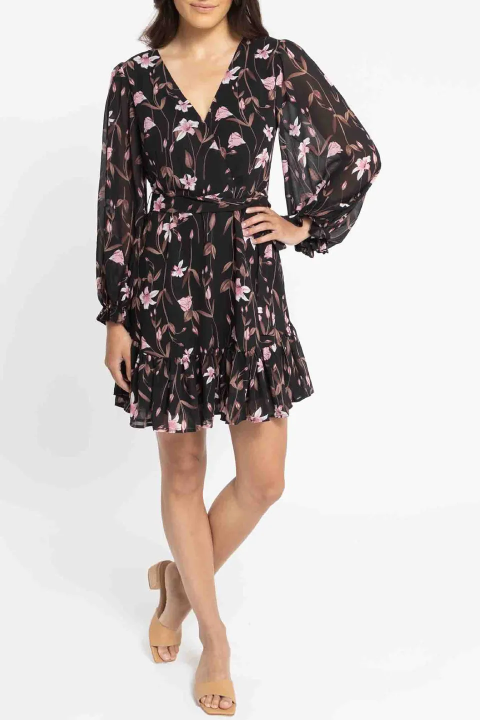 Cleo Black Floral LS Frill Mini Dress